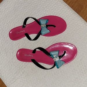 Passions hot pink aqua black rhinestone beaded jellies flip flop sandal 7.5 EUC…